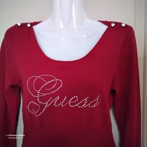 Guess Lipstick Red Ribbed Knik Long Sleeve Pullover Rhinestone Logo Sweater M
